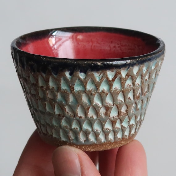 Green & Red Scaled Spice/Condiment Bowl-Light Brown Stoneware hand-thrown and carved.