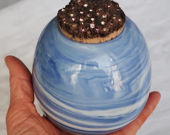 Ether Egg Urn, hand-thrown, blue & white porcelain with natural crystal bedazzled cork option- One of a Kind