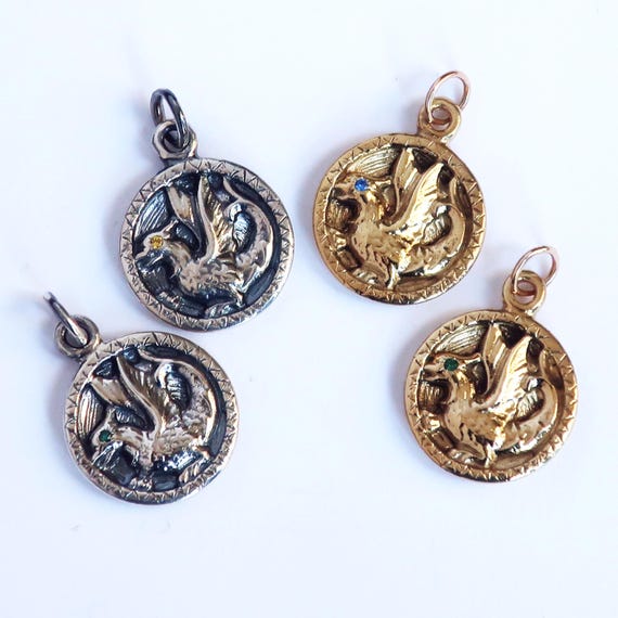 Baby Dragon Charms, Sterling Silver, Gold Tone Brass Medallions with Gemstone Eyes
