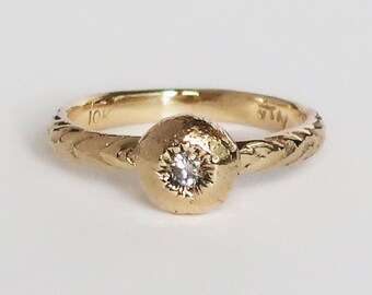 10k Gold and White Diamond Tiny Cushion Sea Urchin Ring, size 5-Ready to Ship