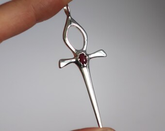 Sterling Silver and Deep Red Ruby Ankh Dagger Pendant-Ready to Ship