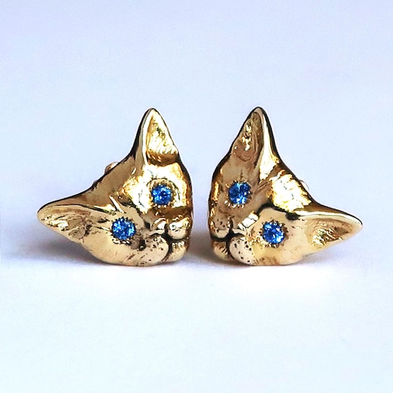 Kitty Stud Earrings, Gold Tone Brass & Blue Spinel
