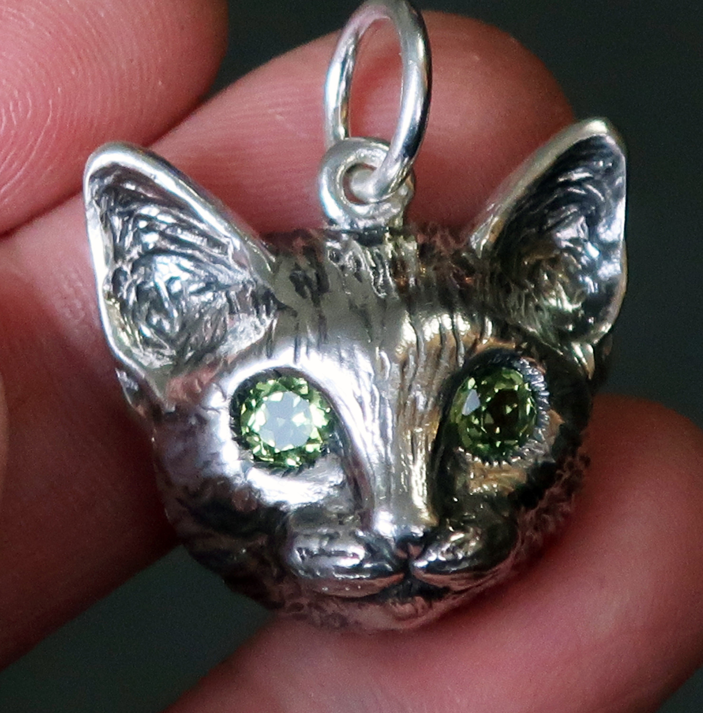 Sterling Silver Cat Charms / Pendants Green Eyed Cat