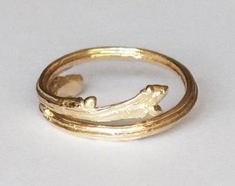 Long Island Oak Twig Ring, Larger Sizes, US 6-11-open wrap-10K yellow Gold