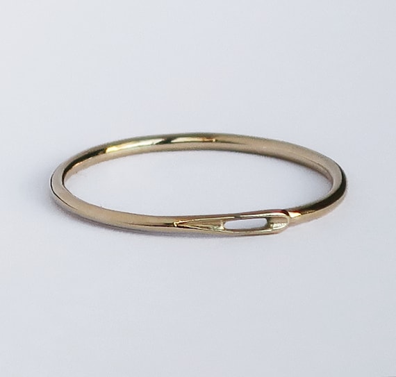 Sewing Needle Ring 10k Yellow Gold Thin Stacking Band