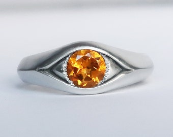 Large Sterling Silver and Citrine Eye Ring, US size 7.5-Ready to Ship