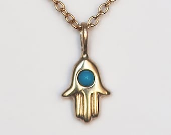 10k Yellow Gold and Sleeping Beauty Turquoise Hamsa Charm Necklace-Ready to Ship
