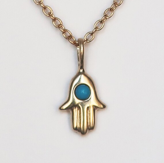 Hamsa Charm Yellow Gold with Sleeping Beauty Turquoise  Protection Amulet 10k Gold