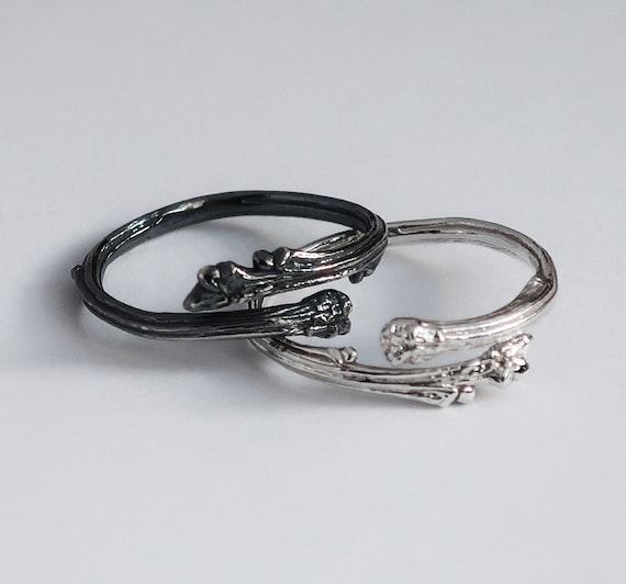 Oak Twig Ring: Oxidized Black or White Sterling Silver Wrap Ring