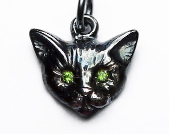 Small Black Cat Charm with Jeweled Eyes-multiple gemstone options