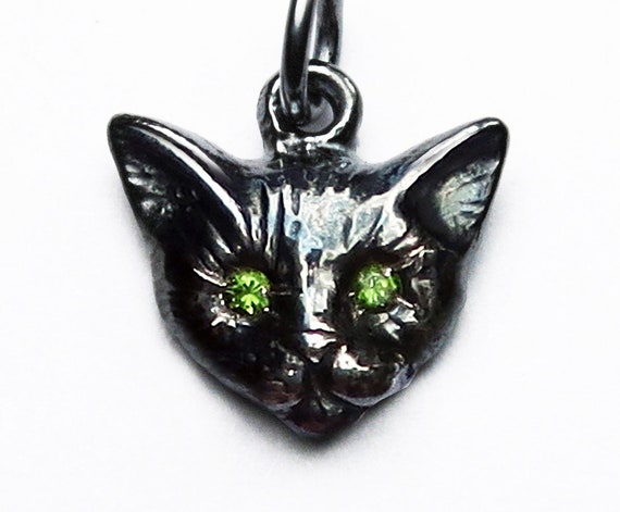 Small Black Cat Charm with Jeweled Eyes-multiple gemstone options