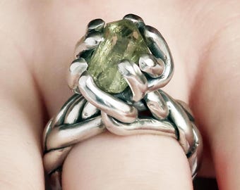 Wide Braid Silver Statement Ring with Raw Lemon Topaz, US Size 6.75, Ready to Ship