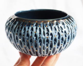 22k Gold Lustered, Iridescent, Carved Blue Porcelain Bowl-wheel thrown, One of a KInd