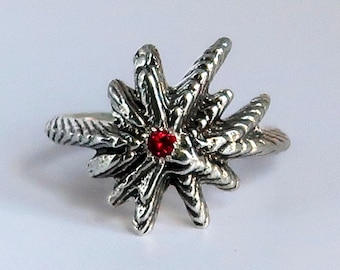 Sterling Silver and Red Ruby Starburst Ring size 6