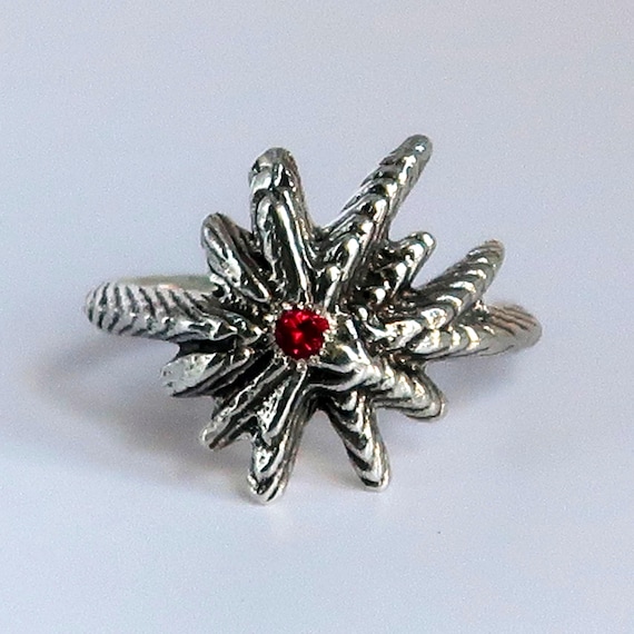 Sterling Silver and Red Ruby Starburst Ring size 6
