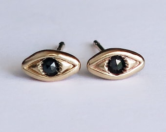 Yellow Gold with Black Diamond Evil Eye Stud Earrings