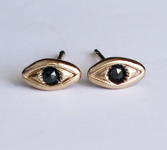 Evil Eye Earrings Yellow Gold and Black Diamond Stud Earrings Protection Amulet