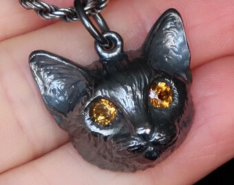 Large Size Blackened Sterling Silver Cat Charm with Golden Citrine Eyes