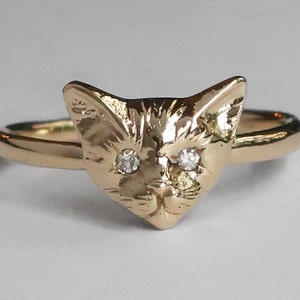 10k Yellow Gold Kitty Cat Ring with White Diamond Eyes