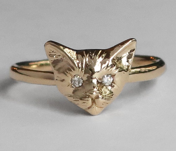 10k Yellow Gold Kitty Cat Ring with White Diamond Eyes