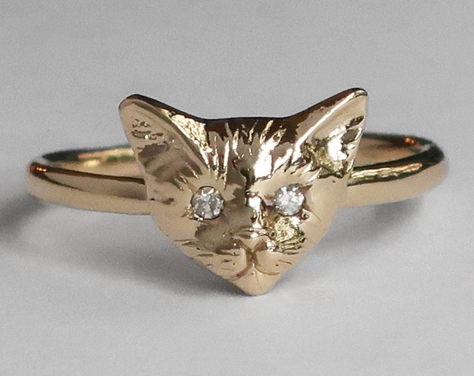 Featured listing image: 10k Yellow Gold Kitty Cat Ring with White Diamond Eyes