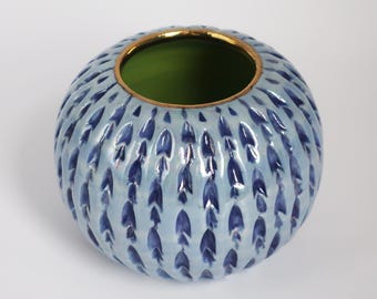 Blue & Green Porcelain "Urchin" Vessel: Wheel Thrown, Hand-Carved with gold Luster potion/stash jar