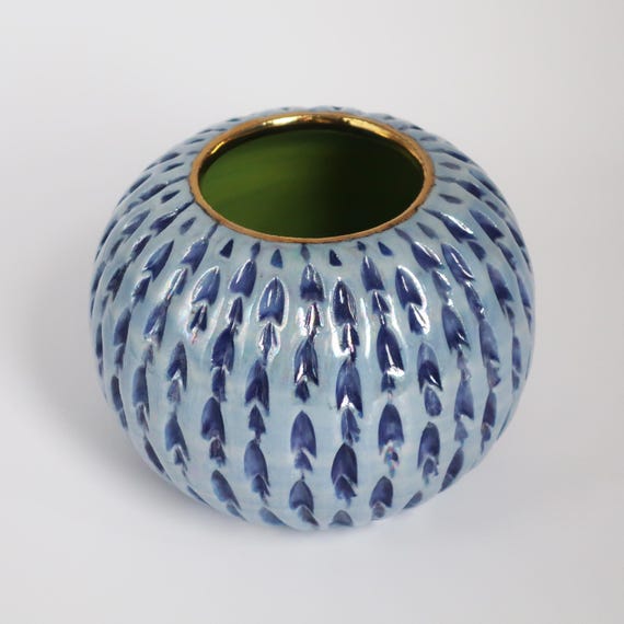 Blue & Green Porcelain "Urchin" Vessel: Wheel Thrown, Hand-Carved with gold Luster potion/stash jar