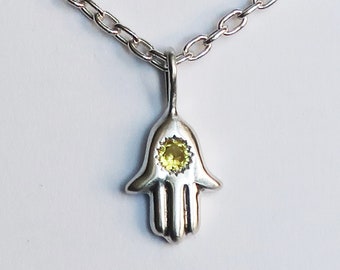 Sterling Silver and Yellow Sapphire Hamsa Charm Necklace-Ready to Ship