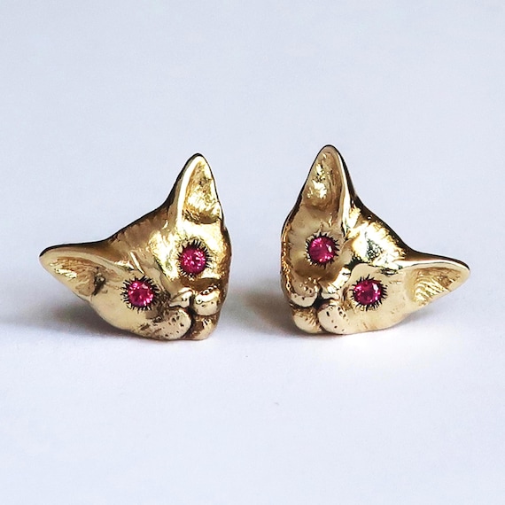 Kitty Stud Earrings, Gold Tone Brass & Ruby