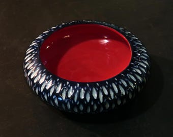 Small Carved White Porcelain Shallow Bowl with Blue and Red -One-of-a-kind