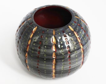 Grey, Black, Red & Gold "Urchin" Vessel- wheel-thrown, carved, porcelain stash/potion jar