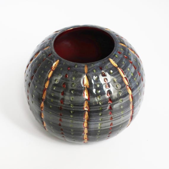 Grey, Black, Red & Gold "Urchin" Vessel- wheel-thrown, carved, porcelain stash/potion jar