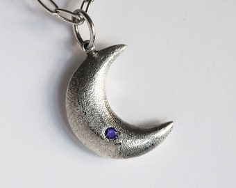 Sterling SIlver Large, Double Sided, Jeweled, Witchy Moon Pendant with Violet & Yellow Sapphires-Ready to Ship