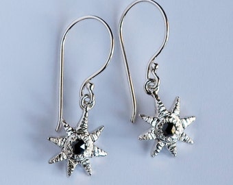 Ready to Ship-Sterling Silver and Black Rose Cut Diamond Celestial Earrings