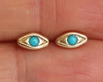 Yellow Gold with Persian Turquoise Evil Eye Stud Earrings