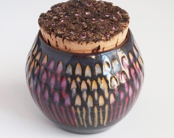 Cathedral Windows Stash/potion jar. Bedazzled cork. Hand-thrown, carved, underglaze, glazed grey porcelain-One of a KInd