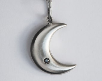 Sterling SIlver Large, Double Sided, Jeweled, Witchy Moon Pendant with Black and Yellow CZs-Ready to Ship