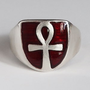 Sterling Silver and Blood Red Enameled Ankh Ring, Limited Edition,  Ready to Ship, US Size 8
