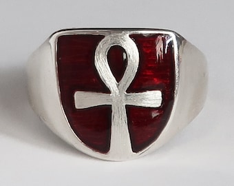 Sterling Silver and Red Enameled Ankh Ring, Limited Edition-2 of 3, Ready to Ship, US Size 8