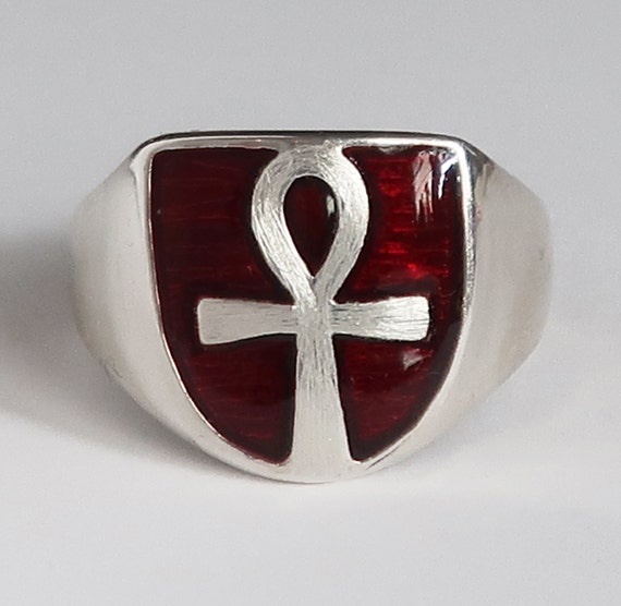 Sterling Silver Ankh Ring, Blood Red Enamel, US Size 8