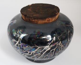 Iridescent, 22k White Gold Lustered Dark Grey Porcelain Lightning Jar, wheel-thrown & carved