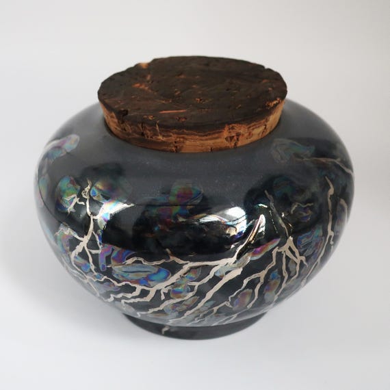 Iridescent, 22k White Gold Lustered Dark Grey Porcelain Lightning Jar, wheel-thrown & carved