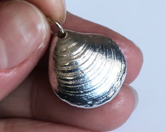 Large Robert Moses, Long Island Solid Sterling Silver Clam Shell Charm Necklace with Yellow Gold jump ring.