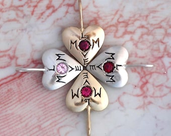 Mom Love Charm, 10k Gold, Sterling Silver, Pink Tourmaline, Sapphire, Ruby