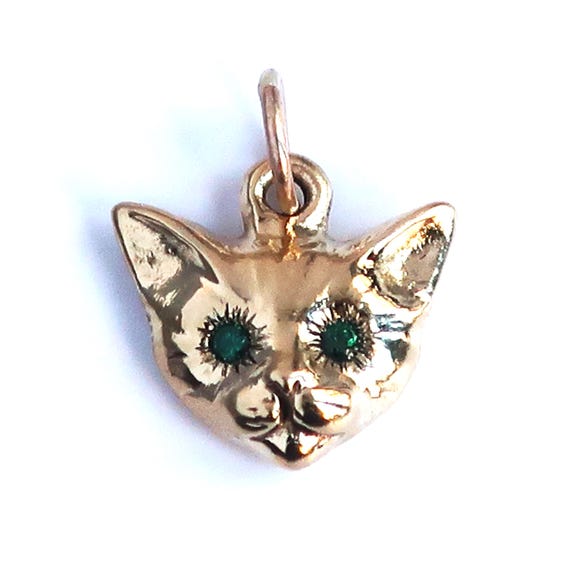 Gold Tone Cat Charm Brass with Green Spinel Eyes