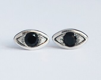 Ready to Ship-Solid Sterling Silver with Black Sapphire Evil Eye Stud Earrings