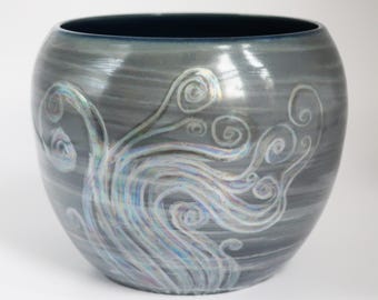 Smoke & Vapors, Grey Iridescent Lustered, Wheel Thrown Hand-Carved Porcelain Vessel