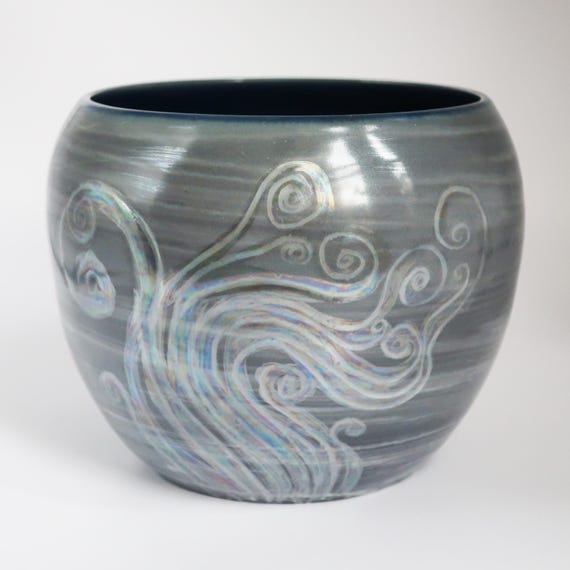 Smoke & Vapors, Grey Iridescent Lustered, Wheel Thrown Hand-Carved Porcelain Vessel