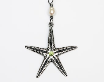 Sterling Silver, Peridot and Pearl Starfish Pendant