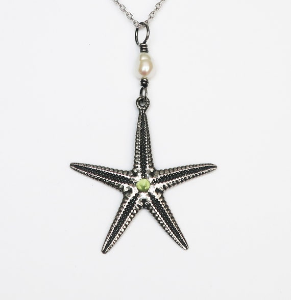 Sterling Silver, Peridot and Pearl Starfish Pendant